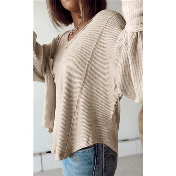 Women's Casual V-Neck Ribbed Knit Pullover - Loose Tunic Top - Picture 6 of 7